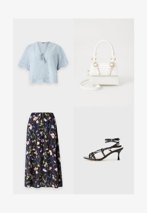 Himmelblaues, kurzes Blusenshirt mit kurzen Puffärmeln, dekorativen Lochmustern am Saum und einer Schleifenverzierung am V-Ausschnitt.; Marineblauer Blumenkleid mit elastischem Taillenbund, ausgestattet mit einem Druck aus rosa, blauen und grünen Blumen auf einem strukturierten Stoff.; Schwarze Lackleder-Sandale mit hohen Absätzen und Riemchen-Design, verstellbarem Knöchelriemen und geknoteten Details. Glatte Textur, spitze Zehen.; Weiße Handtasche aus Kunstleder mit strukturiertem Design, goldenen Hardware-Akzenten, doppelten Obergriffen und einem verstellbaren Schultergurt.