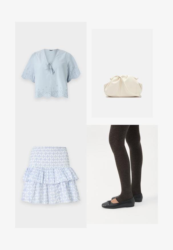 Blouse cropped bleu clair avec des manches bouffantes courtes, des motifs d'œillets décoratifs le long de l'ourlet et un détail à cravate au niveau du col en V.; Jupe blanche avec motif floral géométrique bleu, taille smockée et design à volants superposés.; Jambes portant des leggings côtelés foncés associés à des ballerines noires avec de petits détails en nœud sur fond blanc.; Pochette en cuir souple couleur crème avec un design froncé et une fine bandoulière reposant à l’avant sur un fond uni.
