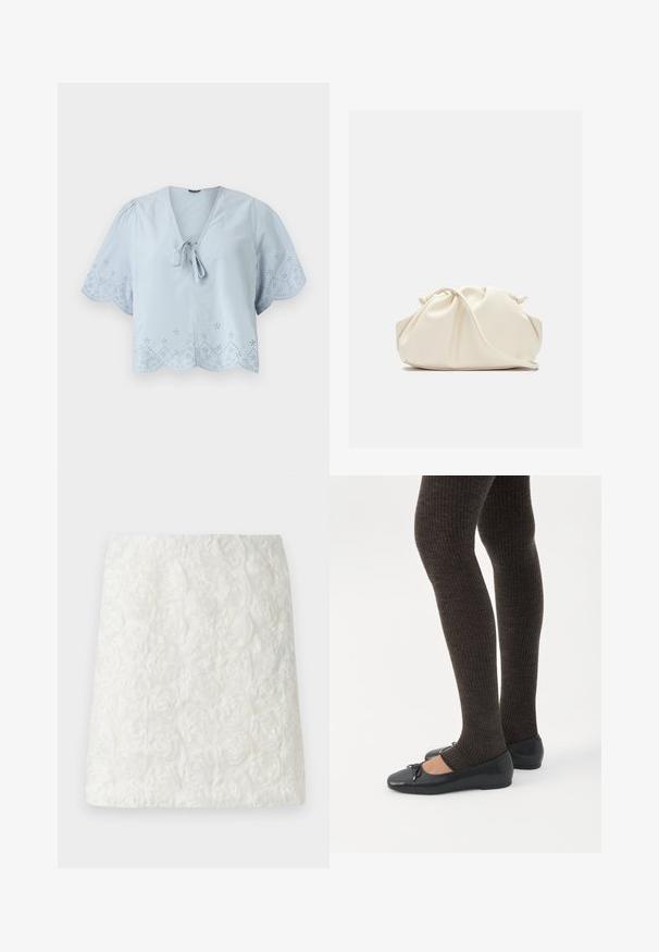 Blouse cropped bleu clair avec des manches bouffantes courtes, des motifs d'œillets décoratifs le long de l'ourlet et un détail à cravate au niveau du col en V.; Jupe mini blanche avec une surface texturée ornée de motifs floraux en relief ressemblant à des roses, fabriquée en tissu léger.; Jambes portant des leggings côtelés foncés associés à des ballerines noires avec de petits détails en nœud sur fond blanc.; Pochette en cuir souple couleur crème avec un design froncé et une fine bandoulière reposant à l’avant sur un fond uni.