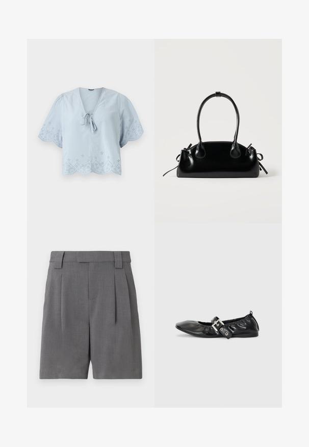 Blouse cropped bleu clair avec des manches bouffantes courtes, des motifs d'œillets décoratifs le long de l'ourlet et un détail à cravate au niveau du col en V.; Shorts taillés gris, fabriqués dans un tissu à texture fine. Présentent des plis avant, des passants de ceinture et des poches latérales pour un look structuré.; Chaussure plate en cuir noir avec un nez pointu, des détails froncés autour de l'ouverture et un accent en boucle argentée sur la bride ajustable.; Petit sac à main noir brillant avec deux longues anses et des détails à cordon sur les côtés sur un fond clair uni.