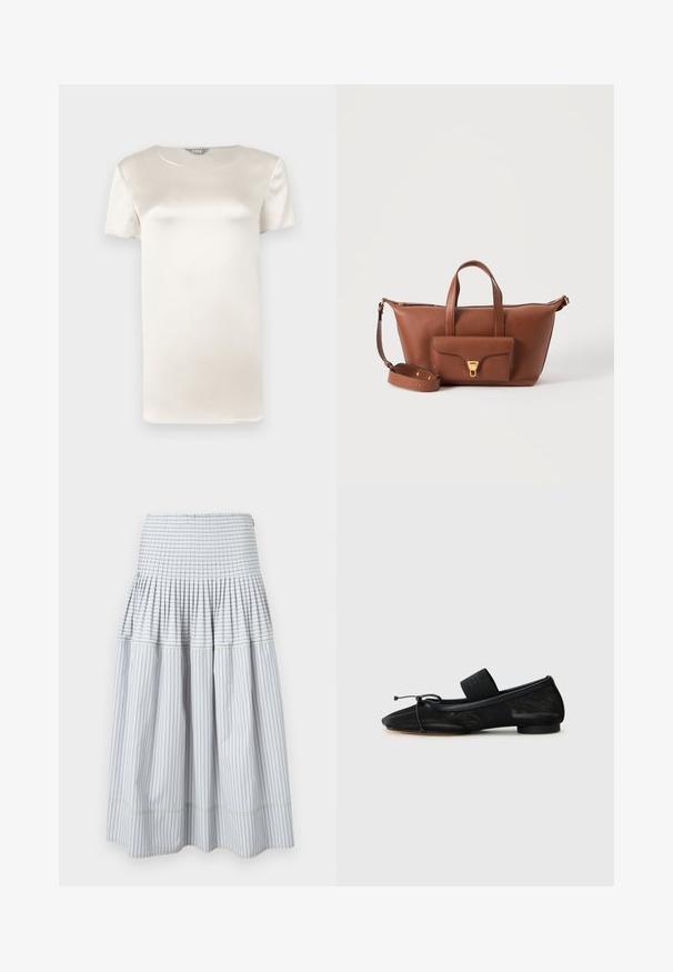Blouse en satin ivoire à manches courtes, avec un col rond et une finition de tissu lisse et brillante.; Jupe midi blanche avec fines rayures noires verticales et horizontales, présentant un milieu froncé et une partie inférieure évasée.; Chaussure plate noire avec un bout pointu, fabriquée en tissu texturé, avec un accent à nœud et un petit talon rond. Sangle élastique au niveau de la cheville.; Sac à main en cuir marron avec deux poignées, une poche à rabat avant avec fermoir doré et une bandoulière amovible sur fond blanc.