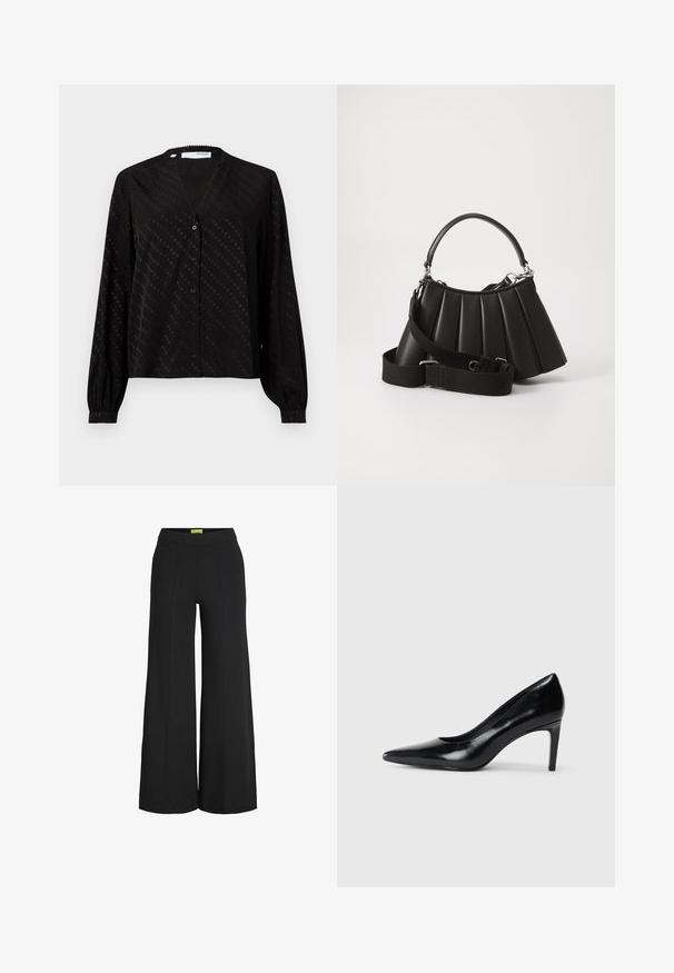 Schwarze Bluse aus glattem Stoff, mit V-Ausschnitt, langen Ärmeln, Knopfleiste und einem subtilen Punktmuster auf der Oberfläche.; Schwarze, weit geschnittene Hose mit hoher Taille und vertikalen Nahtdetails an der Vorderseite.; Schwarzer Lederhochschuh mit spitzem Zehenbereich, glatter Textur und schmalem Absatz. Minimalistisches Design, keine zusätzlichen Verzierungen.; Schwarze, gefaltete Handtasche mit einem runden Griff, verstellbarem Schulterriemen und glänzender Textur. Verfügt über silberne Hardware und eine strukturierte Silhouette.