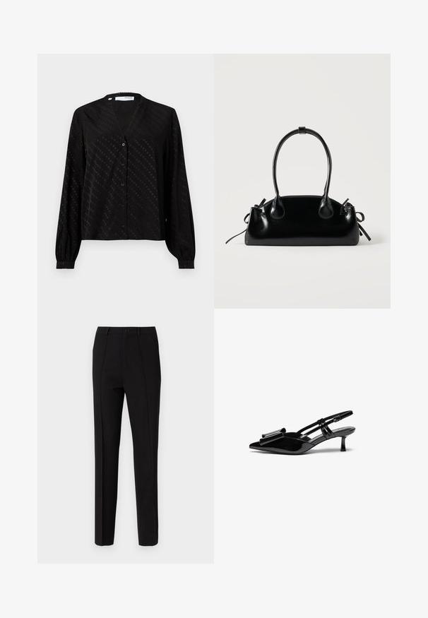 Blouse noire en tissu lisse, avec un col en V, des manches longues, un devant à boutons et un motif de petits points subtils sur toute la surface.; Pantalon noir à coupe slim, doté d'une fermeture à bouton, de deux poches latérales et d'une texture de tissu lisse. Des rayures verticales sont visibles.; Talons aiguilles en cuir verni noir avec un bout pointu, un détail en nœud à l'avant et un petit talon stiletto. Les brides sont équipées de boucles ajustables.; Petit sac à main noir brillant avec deux longues anses et des détails à cordon sur les côtés sur un fond clair uni.