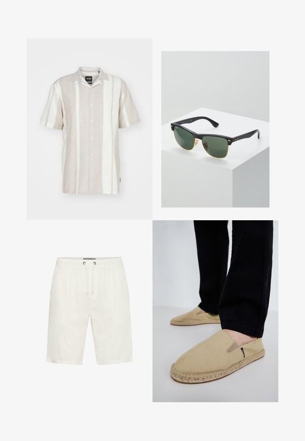 Chemise en lin à manches courtes couleur beige clair avec des rayures verticales blanches, dotée d'une fermeture à boutons et d'un col classique.; Shorts blancs mi-cuisse avec taille élastique et cordon de serrage à l'avant, fabriqués en tissu léger.; Chaussures slip-on en toile beige avec des goring élastiques, semelle en corde de jute et coutures contrastantes. Portées avec un pantalon noir fuselé.; Lunettes de soleil Ray-Ban avec des verres verts, monture en plastique noir et accents dorés sur les bords. Forme carrée avec une finition mate.