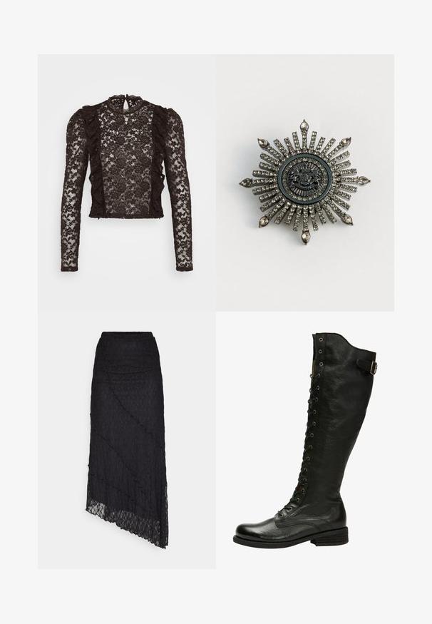 Sort bluse i blondestof med lange ærmer, flagrende kanter, høj hals og blomstermønstre. Gennemsigtigt design med detaljeret udsmykning gennem hele.; ONLY ONLKIM SLIT - Maxinederdele - black; Sorte læder knæhøje støvler med snørebånd foran, sølvøjer og sidebælte. Har en tekstureret overflade og stablet hæl.; Stjerneformet brosche i sølvfarvet metal med klare rhinsten. Det centrale design har et rundt emblem med indviklede detaljer.