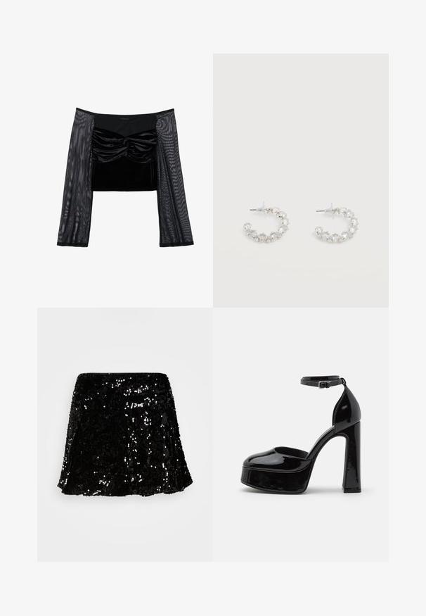 Top corto negro con cuerpo de terciopelo y textura fruncida, complementado con mangas largas de malla transparente. Material suave y ligeramente elástico.; Falda negra de lentejuelas con un diseño acampanado, textura brillante y un dobladillo que cae por encima de la rodilla. Cintura suave para mayor comodidad.; Zapatos de tacón de charol negro con plataforma y correa al tobillo, punta redondeada y tacón cuadrado, que muestran una textura lisa y brillante.; Pendientes de aro plateados incrustados con cristales facetados transparentes, con cierre de poste y tapones auriculares transparentes sobre un fondo blanco.