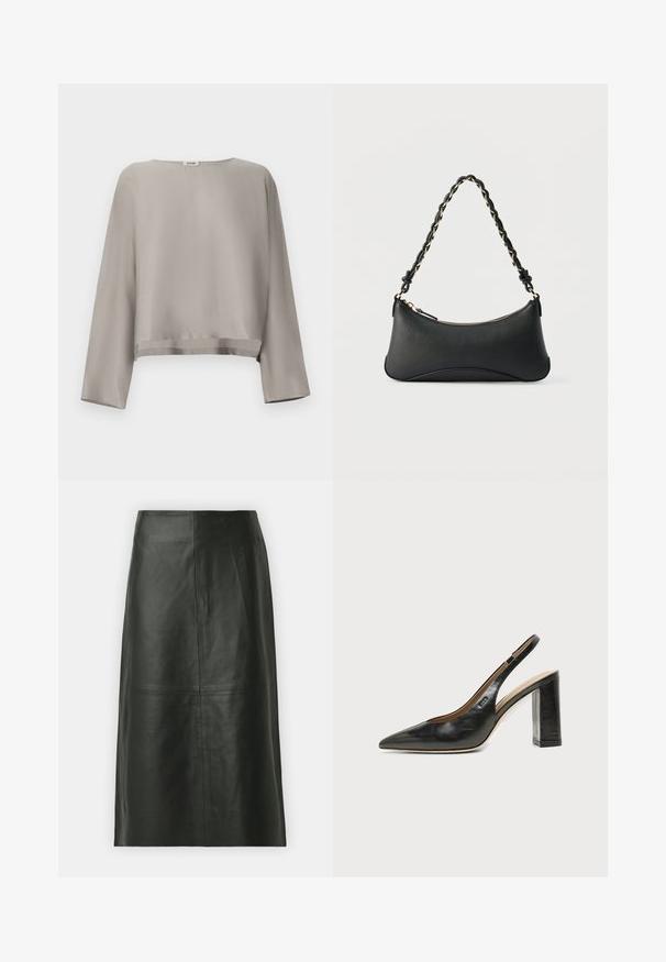 Lichtgrijs, cropped top met lange mouwen gemaakt van gladde stof. Voorzien van een ronde halslijn en subtiele zoomdetails.; Zwarte leren midi-rok met een rechte snit. Gladde textuur, minimale naden en een nauwsluitende tailleband. Geen zichtbare zakken of extra details.; Zwarte leren slingback schoen met spits toelopend neusje, hoge blokhak en beige binnenvoering tegen een effen lichte achtergrond.; Zwarte lederen schoudertas met een gebogen rechthoekige vorm, gouden ketting verweven in een gevlochten zwarte band, en een ritssluiting bovenop.