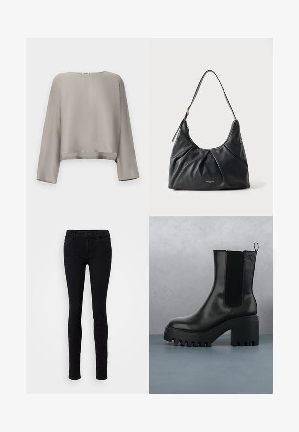 Lysegrå, kortet langærmet top lavet af blødt stof. Har rund halsudskæring og subtilt kantdetalje.; Sorte skinny jeans lavet af denim, med et klassisk fem-lomme design, frontknaplukning og let stræk for komfort.; Sort læder ankelstøvle med rund tå, kraftig platformssål og mesh-sidede accenter. Har en trækflig for nem påtagning.; Sort læder skuldertaske med plisseret front, justerbar rem, guldlynlås og lille gyldt mærkelogo midt foran.