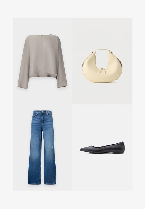 Lichtgrijs, cropped top met lange mouwen gemaakt van gladde stof. Voorzien van een ronde halslijn en subtiele zoomdetails.; Brede lichtblauwe denim jeans met een lichte vervaging, voorzien van vijf zakken en een standaard tailleband met een knoopsluiting. Glad textuur.; Zwarte platte leren schoen met puntige neus en lage hak, zijaanzicht tegen een witte achtergrond.; Beige, halvemaanvormige handtas met dubbele ritssluiting en korte handgreep, voorzien van zilverkleurige hardware details aan de zijkanten.