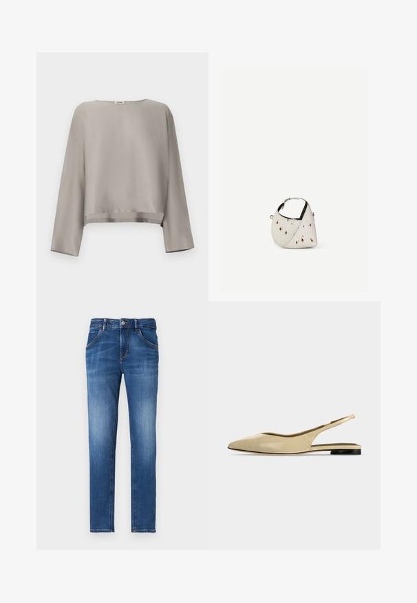 Haut gris clair à manches longues raccourcies en tissu lisse. Dispose d'un col rond et d'un détail discret à l'ourlet.; Jean en denim bleu ajusté avec une finition délavée, cinq poches, fermeture à bouton à l'avant et détails de couture contrastés.; Chaussure plate beige à bout pointu avec bride arrière, petit talon noir et finition en cuir lisse, vue de côté sur un fond uni.; Petit sac à main blanc avec des taches marron, forme triangulaire arrondie, doublure intérieure noire et bandoulière courte réglable avec boucle argentée.