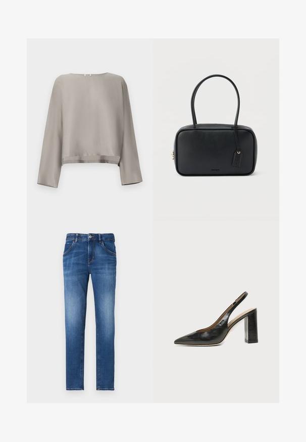 Haut gris clair à manches longues raccourcies en tissu lisse. Dispose d'un col rond et d'un détail discret à l'ourlet.; Jean en denim bleu ajusté avec une finition délavée, cinq poches, fermeture à bouton à l'avant et détails de couture contrastés.; Chaussure slingback en cuir noir à bout pointu avec un talon bloc haut et une doublure intérieure beige sur un fond clair uni.; Sac à main rectangulaire noir avec doubles poignées arrondies, fermeture éclair dorée et logo "HUGO" embossé sur le devant avec une étiquette en cuir attachée.