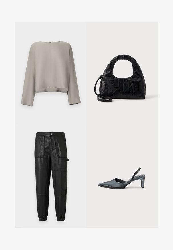 Lichtgrijs, cropped top met lange mouwen gemaakt van gladde stof. Voorzien van een ronde halslijn en subtiele zoomdetails.; Zwarte leren broek met een elastische tailleband, taps toelopende manchetten en meerdere zakken. De stof heeft een licht glanzende afwerking.; Zwarte slingback hak met een puntige neus, een gladde satijnen afwerking en een slanke hak van 7,5 cm. Open zijkantontwerp met minimale stikdetails.; Zwarte leren handtas met een gebogen bovenhandvat, subtiel diamantenpatroon en een afneembare schouderband. De textuur is glad met geperste details.