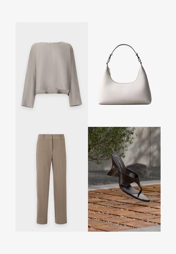 Haut gris clair à manches longues raccourcies en tissu lisse. Dispose d'un col rond et d'un détail discret à l'ourlet.; Pantalon kaki droit avec passants de ceinture et fermeture éclair frontale sur fond blanc.; Sandale à talon marron Calvin Klein suspendue au-dessus d'un sol extérieur en dalles de bois et gravier avec un arrière-plan flou de verdure et de pierres.; Sac à bandoulière en cuir couleur crème de Calvin Klein avec bord supérieur incurvé, fermeture éclair argentée et sangle ajustable brun foncé.