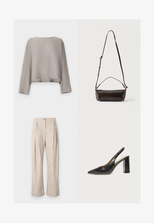 Lichtgrijs, cropped top met lange mouwen gemaakt van gladde stof. Voorzien van een ronde halslijn en subtiele zoomdetails.; Beige linnen broek met plooien, wijde benen en een sluiting met een knoop aan de voorkant. De stof heeft een gestructureerde uitstraling en een lichte, ademende kwaliteit.; Zwarte leren slingback schoen met spits toelopend neusje, hoge blokhak en beige binnenvoering tegen een effen lichte achtergrond.; Kleine glanzende donkerbruine leren schoudertas met verstelbare riem, bovenhandvat en gouden ritssluiting.