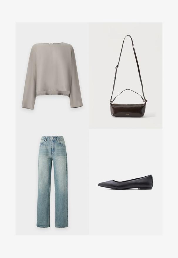 Lichtgrijs, cropped top met lange mouwen gemaakt van gladde stof. Voorzien van een ronde halslijn en subtiele zoomdetails.; Copenhagen Muse JEANNE PANTS - Relaxed fit jeans - medium dirty washed denim; Zwarte platte leren schoen met puntige neus en lage hak, zijaanzicht tegen een witte achtergrond.; Kleine glanzende donkerbruine leren schoudertas met verstelbare riem, bovenhandvat en gouden ritssluiting.
