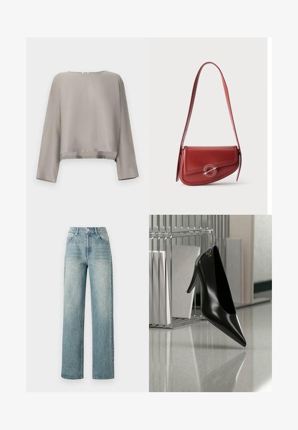 Top de manga larga recortado de color gris claro, confeccionado en tela suave. Presenta un escote redondo y detalles sutiles en el dobladillo.; Copenhagen Muse JEANNE PANTS - Vaqueros boyfriend - medium dirty washed denim; Zapato de tacón alto negro con punta afilada y logo dorado, colocado sobre una superficie reflectante cerca de un organizador de archivos de alambre cromado con documentos.; Bolso de hombro de cuero rojo con una solapa curva y hebilla circular plateada sobre un fondo claro y liso.