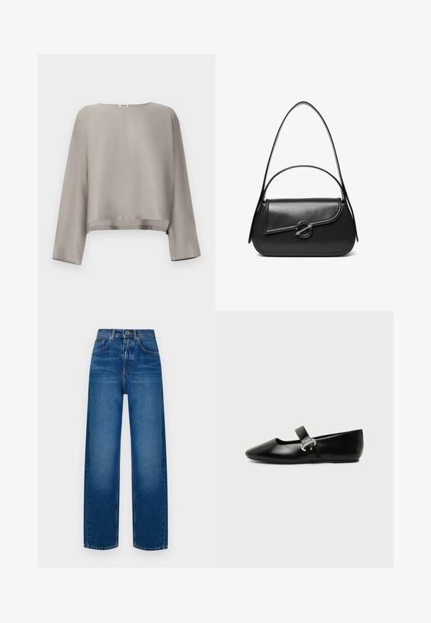 Lichtgrijs, cropped top met lange mouwen gemaakt van gladde stof. Voorzien van een ronde halslijn en subtiele zoomdetails.; Wijdvallende denim jeans in vervaagd blauw. Voorzien van een knoopsluiting, klassiek vijf-pocket ontwerp en een zachte, gestructureerde afwerking.; Zwarte leren Mary Jane platte schoen met een afgeronde neus en zilveren gespsluiting op een effen achtergrond.; Zwarte leren schoudertas met een gebogen klep die is bevestigd met een ronde metalen sluiting en een smalle, verstelbare band.