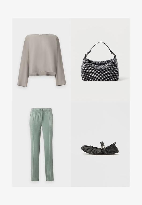 Lichtgrijs, cropped top met lange mouwen gemaakt van gladde stof. Voorzien van een ronde halslijn en subtiele zoomdetails.; Velours joggingbroeken in gedempt groen, met een elastische tailleband met trekkoord, zijzakken en contrasterende verticale stiksels.; Zwarte leren ballerina met geplooide voorkant en enkelbandje. Decoratieve zilveren gesp en kleine witte studs langs de zool.; Zwart en zilveren handtas met een geweven, gestructureerd oppervlak dat vierkante patronen bevat, een enkele bovenhandgreep en een slungelige vorm.