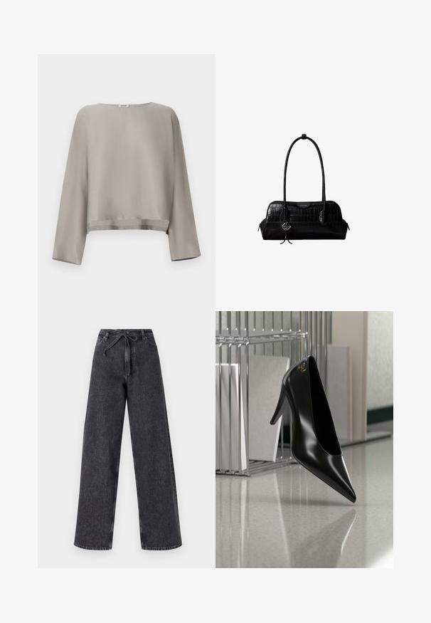 Lichtgrijs, cropped top met lange mouwen gemaakt van gladde stof. Voorzien van een ronde halslijn en subtiele zoomdetails.; Hoge taille, wijde pijp zwarte denim jeans met een trekkoordsluiting. Heeft een vervaagde textuur en subtiele stikseldetails.; Zwart hooggehakt schoen met puntige neus en gouden logo, geplaatst op een reflecterend oppervlak naast een verchroomde draadordner met documenten.; Zwarte schoudertas van leer met krokodillenstructuur, lange banden en een klein zilveren logohanger aan één band.