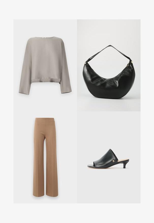 Top de manga larga recortado de color gris claro, confeccionado en tela suave. Presenta un escote redondo y detalles sutiles en el dobladillo.; Pantalones de pierna ancha en un marrón claro, de tejido elástico con una textura suave y una cinturilla alta y elástica. Sin cierre visible ni bolsillos.; Mules de cuero negro de punta abierta con un tacón bajo. Presentan una superficie lisa y un acento del logo dorado en el costado.; Bolso de hombro de cuero negro con una forma curva, textura suave y una sola correa; cuenta con un zipper dorado y un branding sutil.