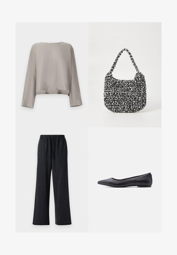 Lichtgrijs, cropped top met lange mouwen gemaakt van gladde stof. Voorzien van een ronde halslijn en subtiele zoomdetails.; Zwarte, wijde broek van zacht materiaal met een elastische tailleband en koord. Kenmerkt zich door een gladde structuur en geen zichtbare patronen.; Zwarte platte leren schoen met puntige neus en lage hak, zijaanzicht tegen een witte achtergrond.; Geweven handtas in zwart en wit met een ronde vorm, gestructureerd oppervlak en een gevlochten handvat. Geschikt voor dagelijks gebruik.