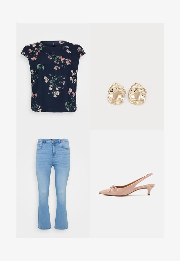 Marinebluse med blomsterprint i pink og grøn. Har korte ærmer og rund halsudskæring, lavet af letvægtsstof.; Lyseblå flagrende jeans i denim af bomuld. Features høj talje, fem lommer og synlige sømme langs sømme og kant.; Patenteret pink slingback hæle med spids tå, sløjfedetalje foran og lav kittenhæl. Glat tekstur med en blank finish.; Guldtonede metalstudøreringe med et uregelmæssigt, glat design og en reflekterende overflade samt bølgede kanter. Ingen yderligere udsmykninger.