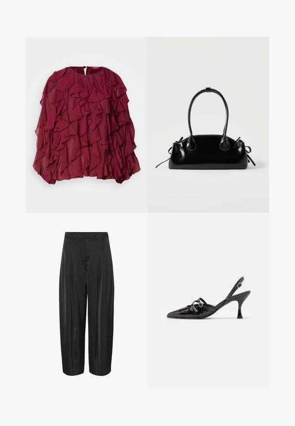 Bordeaux chiffon blouse met gelaagde ruches, ronde halslijn en een knoopsluiting aan de achterkant; vloeibare textuur en losse pasvorm.; Zwarte wijde broek met plooien aan de voorkant, riemlussen en knoopsluitingen aan de zijkant, gemaakt van glanzende stof.; ALOHAS JOELLE ONIX - Klassieke pumps - black; Kleine zwarte glanzende handtas met twee lange hengsels en zijkant trekkoord details op een effen lichte achtergrond.