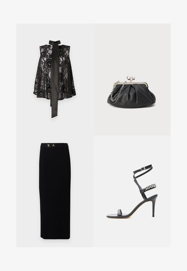 Zwarte kanten top met een mouwloos ontwerp, voorzien van een halsband. De kant heeft bloemmotieven en een doorschijnende textuur, wat zorgt voor een elegante uitstraling.; AERON FORUM - Kokerrok - black; Zwarte sandaal met hoge hak, smalle enkelband, middenvoetband versierd met zilveren schakels en een open teenontwerp.; Zwarte leren clutch met geplooide textuur, zilverkleurig metalen frame, drukknopsluiting en kettingriem. Glad, zacht oppervlak.