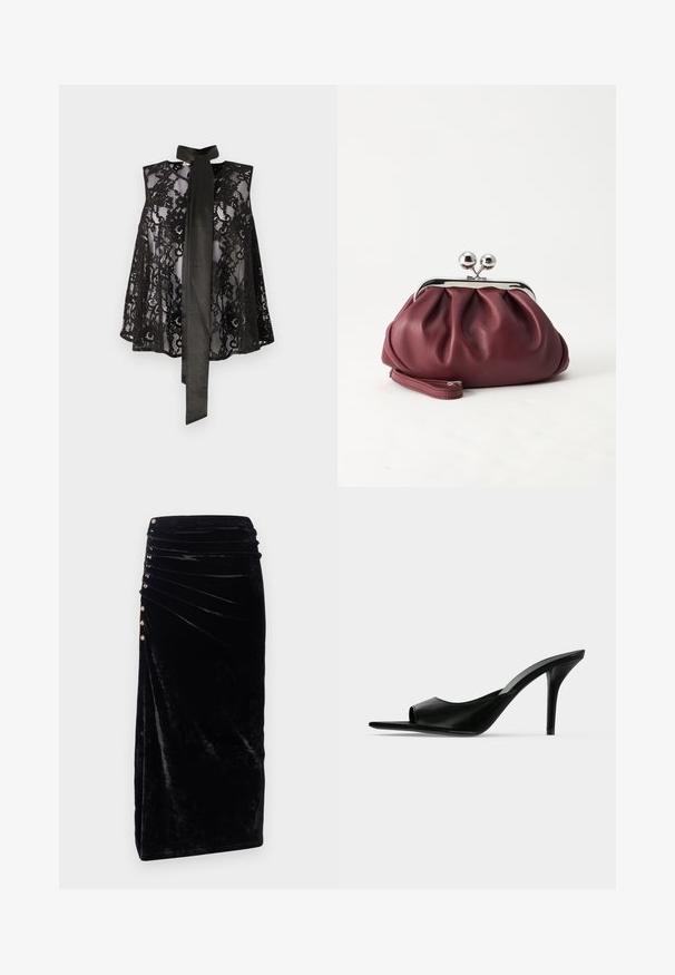 Sort bluse af blonder med en ærmeløs design og en halsbundet. Blonderne har blomster mønstre og en gennemsigtig tekstur, der skaber et elegant look.; Rabanne Pencil skirt - black; Sort læder åben tå højhælet mule med en slank stilet hæl, vist i sideprofil på en ensfarvet baggrund.; Lille bordeauxlæder clutch-pung med sølv metal lukning og håndledsrem på hvid baggrund.