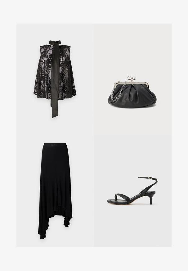 Top de encaje negro con diseño sin mangas, que cuenta con un lazo en el cuello. El encaje tiene patrones florales y una textura translúcida, creando un aspecto elegante.; Falda negra asimétrica con dobladillo ondulado, fabricada en un material suave y elástico, que cuenta con una cinturilla ancha con una marca en relieve.; Sandalia negra de cuero para mujer con tiras finas, un lazo para el dedo del pie, hebilla en el tobillo y tacón de aguja de altura media sobre un fondo neutro.; Clutch de cuero negro con textura arrugada, marco de metal en tono plateado, cierre de beso y cadena para colgar. Superficie suave y lisa.