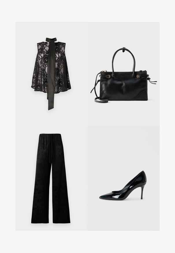Mustat pitsitoppi, jossa on hihaton muotoilu ja kaulakello. Pitsissä on kukkakuoseja ja läpikuultava tekstuuri, mikä luo elegantin ilmeen.; Vyötiäiset mustat housut sileästä kankaasta, joissa on joustava vyötärö, nauhakiinnitys ja hienovarainen kukkakuosi.; Musta lakattupatenttileather-pumppu, jossa on teräväkärkinen muoto ja hoikka stiletto-korko. Silkkinen pinta kiiltävällä viimeistelyllä ja minimalistinen muotoilu.; Musta nahkainen käsilaukku, jossa on kaksi päällikahvaa, säädettävät sivuvyösoljet ja irrotettava olkahihna valkoista taustaa vasten.