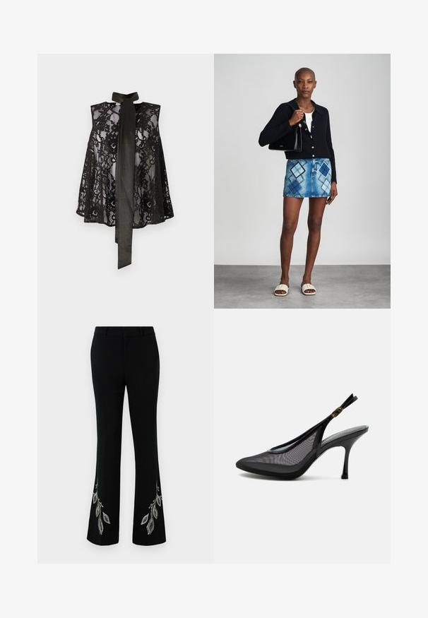 Top de encaje negro con diseño sin mangas, que cuenta con un lazo en el cuello. El encaje tiene patrones florales y una textura translúcida, creando un aspecto elegante.; Pantalones negros acampanados con diseños bordados de hojas plateadas en el dobladillo. Confeccionados en tela suave con cinturilla estructurada y ajuste ajustado.; Zapato de tacón alto tipo slingback puntiagudo negro con paneles de malla y hebilla dorada en la correa del tobillo, mostrado sobre un fondo blanco.; Cárdigan negro de punto, blusa blanca, falda de mezclilla con patrón de diamantes en azul y negro, bolso negro y sandalias deslizantes beige.