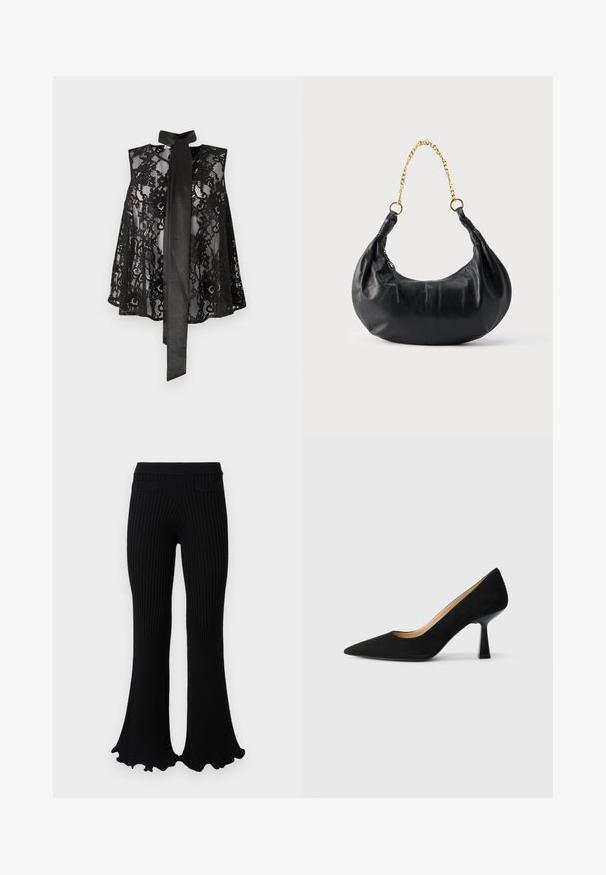 Mustmust koos värvitud disainiga, millel on kaelarihm. Lõngadel on lillemustrid ja läbipaistev tekstuur, luues elegantse välimuse.; Rabanne Püksid - black; Must värvusest seemisnahast kõrged kontsad terava ninaosa ja läikiva musta plokknalaga, millel on sile sisemine vooder.; Mustast nahast poolkuu-kujuline käekott kuldse kettist rihma ja külgpoolselt tõmblukuga.