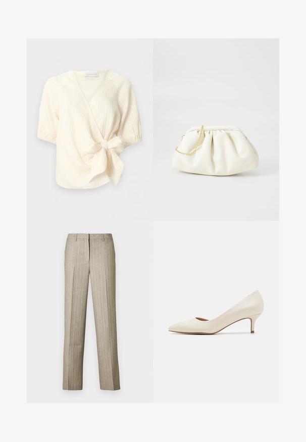 Cremefarvet kortærmet slå-om-bluse i tekstureret stof med stor side sløjfe ved taljen.; Beige bukser med nålestriber og et lige ben-design, der har en struktureret linning og en subtil tekstur i hele stoffet.; Beige lavpumpe med lav hæl og spidse tæer samt en glat, blank overflade. Har en diskret udskæring langs buen og en slank, tapet hæl.; Hvid læderhåndtaske med en samlede design, forsynet med en guldkæde-strop og en rund form. Glat tekstur med bløde folder og ingen mønstre.