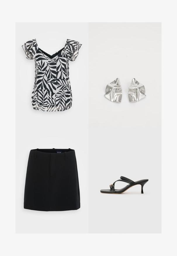 Blouse noire et blanche à manches courtes avec un décolleté en V et des manches à volants, ornée d'un motif de feuilles sur un tissu léger et à coupe décontractée.; Jupe noire avec une texture de tissu lisse, au design minimaliste, deux poches avant et une longueur mi-cuisse. Comprend des passants de ceinture à la taille.; Sandales à talons noirs avec un bout carré, deux brides croisées, accent de boucle dorée et un fin talon haut. Texture en cuir lisse.; Boucles d'oreilles en métal argenté avec un design ondulé et sculptural, présentant une finition polie et des formes irrégulières, mettant en valeur une esthétique contemporaine.