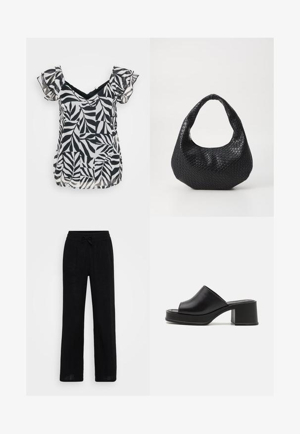 Schwarze und weiße Bluse mit kurzen Ärmeln, V-Ausschnitt und Rüschensäumen, mit einem Blättermuster aus leichtem Stoff und lockerer Passform.; Schwarze Leinen-Haremshose mit elastischem Bund und Kordelzug. Glatte Textur, atmungsaktives Material und bodenlanger Schnitt.; Schwarze Leder Plattform-Mules mit abgerundeter offener Zehe, niedrigem Blockabsatz und glatter Textur. Minimalistisches Design mit eleganten Linien.; Schwarze gewebte Handtasche mit einem gebogenen Griff, die eine strukturierte Oberfläche und eine lässige Form hat. Glatte Oberfläche mit einer organischen Silhouette.
