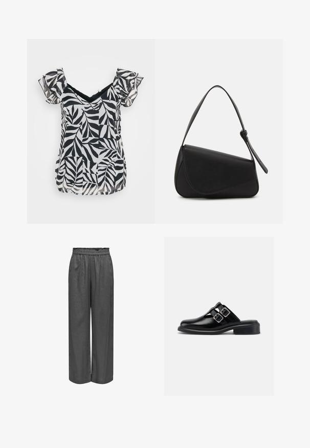 Blusa corta de manga corta en blanco y negro con escote en V y mangas con volantes, con un patrón de hojas en una tela ligera y un corte holgado.; Pantalones grises de pierna amplia, hechos de una tela suave con cintura elástica. Presenta un ajuste suelto y una textura lisa.; Zapato negro de cuero sin cordones con dos hebillas plateadas, lados abiertos, puntera redonda y tacón bajo apilado, mostrado de perfil sobre fondo blanco.; Bolso de mano de cuero negro con forma triangular, tapa en ángulo y un asa superior redondeada. Presenta una textura suave y detalles de diseño minimalistas.