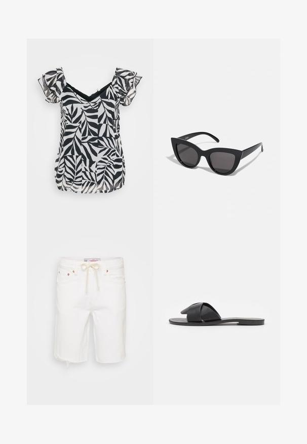 Blouse noire et blanche à manches courtes avec un décolleté en V et des manches à volants, ornée d'un motif de feuilles sur un tissu léger et à coupe décontractée.; Shorts en denim blanc avec un ourlet effiloché, featuring une taille à cordon, cinq poches et des accents en métal couleur cuivrée.; Sandale noire à enfiler avec des brides croisées. Fabriquée en cuir lisse avec une semelle plate et des coutures minimales. Design simple, à bout ouvert.; Lunettes de soleil noires en forme d'œil de chat avec une finition mate, dotées de verres teintés gris, d'angles aigus et de branches élégantes. Nom de la marque visible sur la branche intérieure.