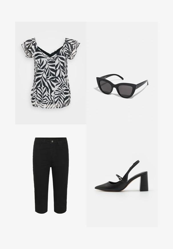 Blouse noire et blanche à manches courtes avec un décolleté en V et des manches à volants, ornée d'un motif de feuilles sur un tissu léger et à coupe décontractée.; Shorts en denim noirs jusqu'aux genoux avec bouton frontal, fermeture éclair et style à cinq poches.; Escarpin en cuir noir avec un bout pointu, une bride ajustable à la cheville et un talon carré épais. Texture lisse et design minimal.; Lunettes de soleil noires en forme d'œil de chat avec une finition mate, dotées de verres teintés gris, d'angles aigus et de branches élégantes. Nom de la marque visible sur la branche intérieure.