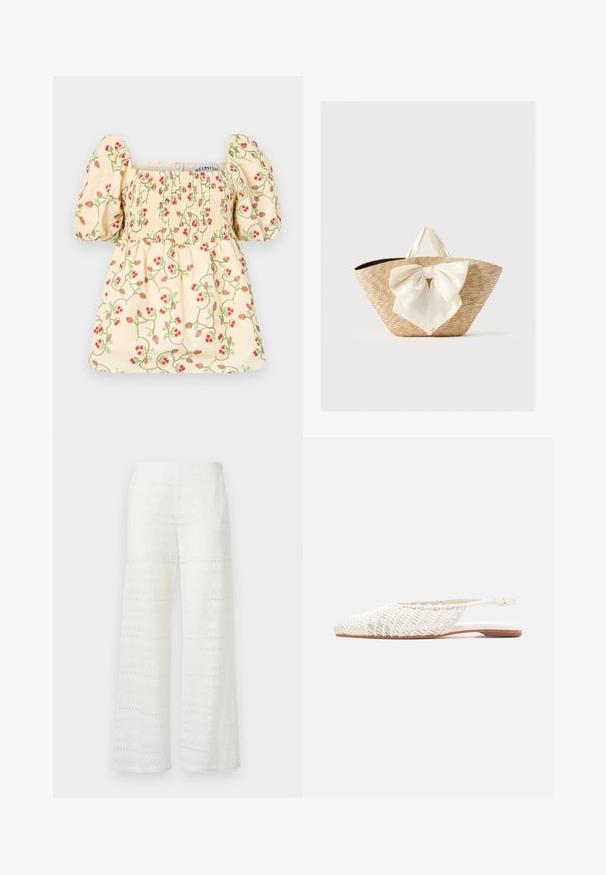 Cremefarvet bluse med puffede ærmer, der har smock-detaljer og blomsterbroderi af røde jordbær og grønne vinstokke.; Bredde ben hvide bukser med broderede mønstre, hulmønster-detaljer og en struktureret overflade; lavet af letvægtsstof for åndbarhed.; Flad hvid fletlædersko med slingback, spids tå og lav brun sål på neutral baggrund.; Vævet stråtote taske med cremefarvede stofhåndtag og en stor dekorativ cremebue foran, mod en ensfarvet baggrund.