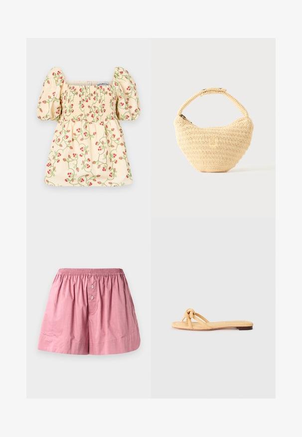 Crème-kleurige blouse met pofmouwen, voorzien van smockdetails en bloemende versieringen met rode aardbeien en groene wijnstokken.; Roze katoenen slaapshorts met een elastische tailleband, twee voorste knopen en een losse pasvorm. De stof is soepel met een licht gekreukt textuur.; Geel geweven platte sandaal met twee kruislings geplaatste banden, een geknoopte detail aan de voorkant en een lage, bruine zool.; Beige geweven handtas met afgerond lichaam, ritssluiting en een korte, dikke band in een eenvoudige, gestructureerde haakstijl.