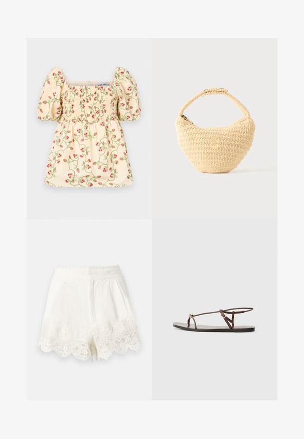 Cremefarbene Bluse mit Puffärmeln, ausgestattet mit smockierten Details und floralen Stickereien von roten Erdbeeren und grünen Ranken.; Weiße High-Waist-Shorts mit gewellten Kanten und filigranen Spitzenstickereien am Saum, ausgestattet mit einem verdeckten Reißverschluss vorne.; Braune Leder-Sandale mit dünnen Riemen, einem goldenen, runden Akzent und einer flachen Sohle. Minimalistisches Design mit einem verstellbaren Schnallen-Detail.; Beige gewebte Handtasche mit rundem Körper, Reißverschluss und kurzem, dickem Riemen in einfachem, strukturiertem Häkelstil.