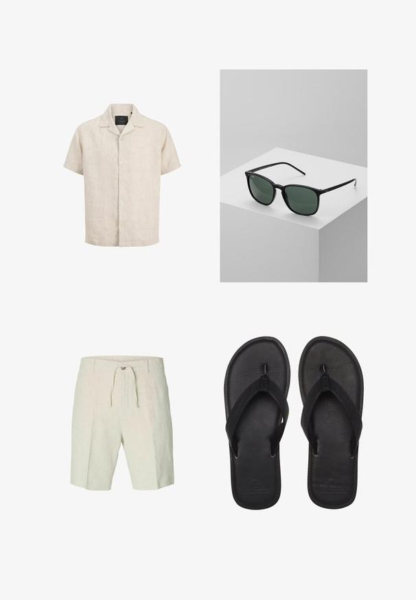 Beige Leinen-Kurzarm-Hemd mit Camp-Kragen, vorderen Knöpfen und lockerer Passform, dargestellt auf weißem Hintergrund.; Leinen-Shorts in hellbeige, mit einem Kordelzugbund, vorderen Falten und zwei seitlichen Taschen. Glatte Textur mit lässigem Design.; Schwarze Flip-Flops aus glattem Material, mit einem Riemen im Zehensteg-Stil, strukturiertem Fußbett und geprägtem Logo auf der Sohle.; Schwarze rechteckige Sonnenbrille mit dunkelgrünen Gläsern, ausgestattet mit einem leichten Kunststoffrahmen und silbernen Akzenten an den Bügeln.