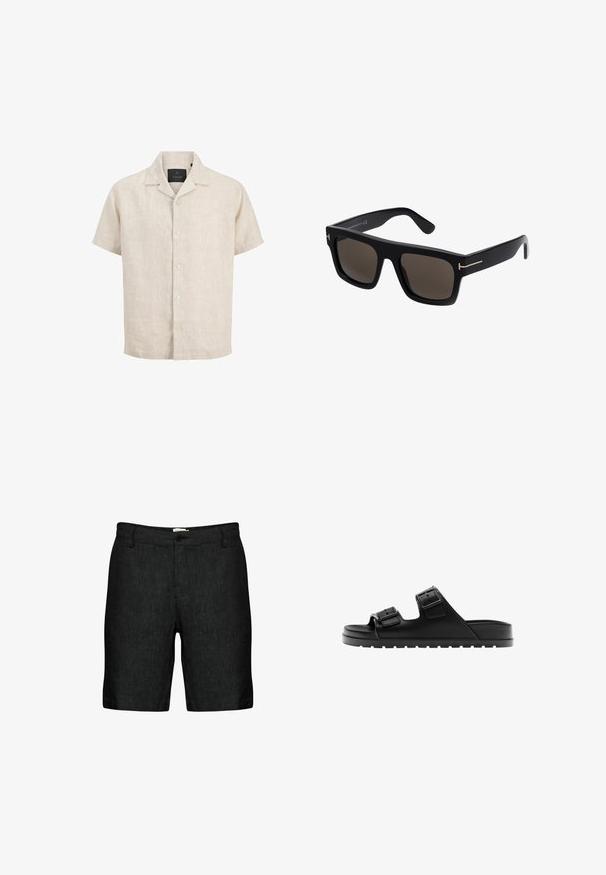 Beige Leinen-Kurzarm-Hemd mit Camp-Kragen, vorderen Knöpfen und lockerer Passform, dargestellt auf weißem Hintergrund.; Schwarze Leinen-Shorts mit flachem Vorderteil, Gürtelschlaufen und einem einzelnen Knopfverschluss. Sie verfügen über einen strukturierten Stoff und leicht tapered Beine.; Schwarze offene Zehensandale mit zwei verstellbaren Schnallenriemen und einer strukturierten Sohle für guten Halt, seitlich gezeigt.; Schwarze quadratische Sonnenbrillen mit dunklen Linsen, mit goldfarbigen Akzenten an den Bügeln und einer glatten Kunststoffoberfläche.