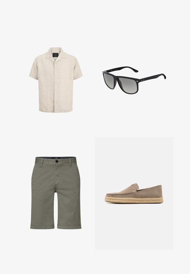 Camisa beige de lino de manga corta con cuello campestre, botones delanteros y un corte relajado, mostrada sobre un fondo blanco.; Bermudas caqui con una mezcla de algodón suave, que cuentan con una cremallera, cierre de botón y bolsillos frontales. Diseño de pierna recta, ajuste hasta la rodilla.; Zapatos slip-on de ante color beige con suela de cuerda de yute, que presentan una punta redonda y un detalle de costura mínimo a lo largo del borde.; Gafas de sol de plástico negro con lentes degradados. Forma cuadrada con bordes redondeados, que presentan acentos de metal plateado y un interior texturizado en las varillas.