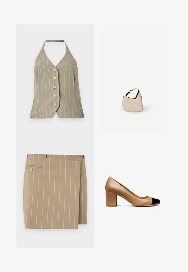 Halter-neck top i lys olivengrøn med lodrette hvide striber, fem knapper foran og en tætsiddende design med en flared kant.; Beige nederdel med lodrette hvide striber, lavet af et tekstureret stof. Har en frontklap og en baglomme med en knapdetalje.; Beige læderpumps med en rund tå og en sort patenthætte, med en blokhæl og glat tekstur.; Beige læder håndtaske i halvmåneform med en enkelt skulderrem og minimal syning, sat mod en ensartet hvid baggrund.