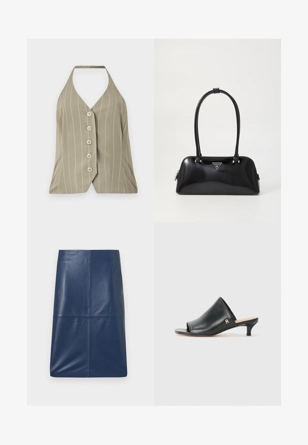 Halter-neck top i lys olivengrøn med lodrette hvide striber, fem knapper foran og en tætsiddende design med en flared kant.; Marine læder blyantskørt med en glat, blank tekstur, der har et simpelt, strømlinet design og en lige pasform. Ingen synlig hardware.; Sorte læder open-toe mules med en lav hæl. Har en glat overflade og et guld logo-prim på siden.; Sort glanshandtaske med en buet silhuet, to håndtag og en frontlogo-plakette. Lynlås lukning og skinnende hardware-detaljer.