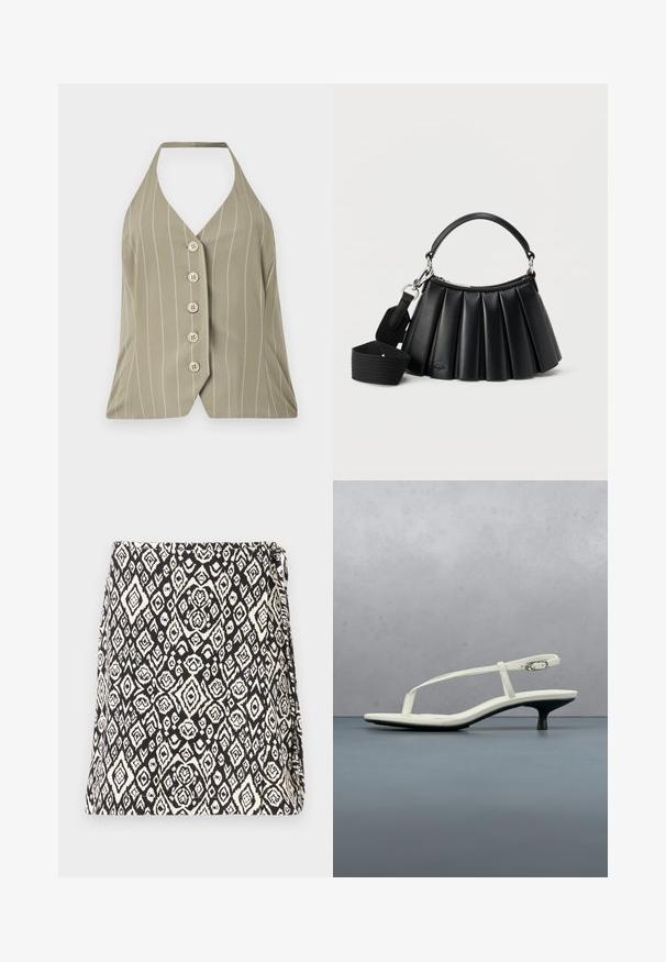 Haut à col halter en vert olive clair, arborant des rayures blanches verticales, cinq boutons sur le devant et une coupe ajustée avec un ourlet évasé.; Sac noir et blanc présentant un motif géométrique en forme de diamant, fabriqué en tissu avec une finition texturée. Conçu avec une ouverture à rabat.; Sandale blanche à talon kitten avec des lanières et un bout pointu, flottant au-dessus d'un sol en carrelage en bois en plein air avec un arrière-plan flou de plante et de mur.; Sac à main noir en cuir plissé avec poignée courte et bandoulière large en tissu détachable sur fond blanc.