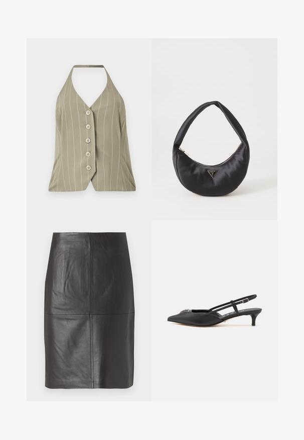 Halter-neck top i lys olivengrøn med lodrette hvide striber, fem knapper foran og en tætsiddende design med en flared kant.; Sort lædernederdel med en glat tekstur, der har lodrette sømme og en lige skæring. Ingen synlig hardware eller accenter.; Sorte slingback-sko med spids tå, lavet af glat materiale, med en lille hæl og en dekorativ sølvaccent på vamps.; Sort satin håndtaske med en buet form, der har en lynlåslukning og et trekantet logo i metal på forsiden. Glat tekstur og slankt design.