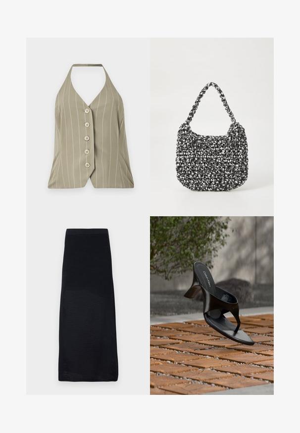 Halter-neck top i lys olivengrøn med lodrette hvide striber, fem knapper foran og en tætsiddende design med en flared kant.; Sort midi nederdel lavet af struktureret mesh materiale med en tætsiddende talje og lige snit, prydet med en ensfarvet farve uden mønstre.; Sort Calvin Klein hæl-sandal med åben tå, der svæver over en udendørs flisebelagt overflade med grønne planter og en betonvæg i baggrunden.; Vævet håndtaske i sort og hvid med en rund form, tekstureret overflade og et fletet håndtag. Velegnet til afslappet brug.